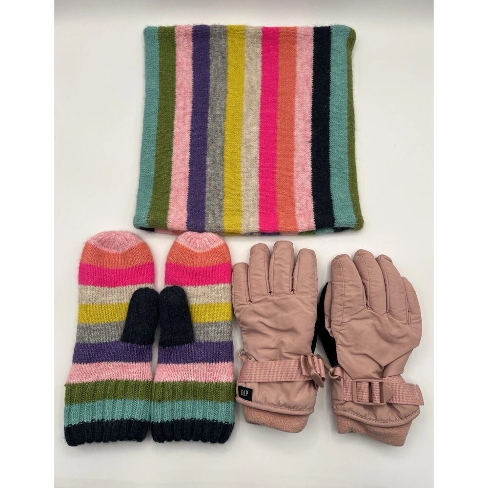 GapKids Bright Stripes Knit Winter Set Neck warmer Mittens Snow Gloves Girls 7/8